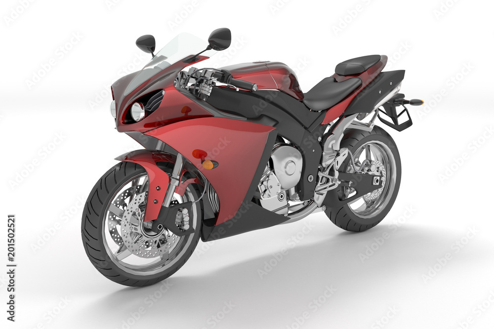 3d illustration of a red black sport motorcycle isolated on white background.