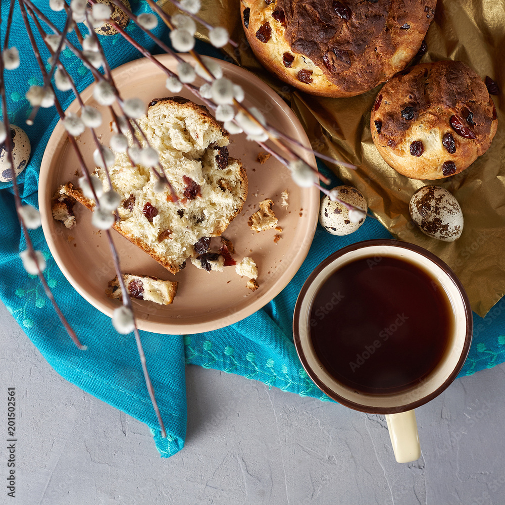Panettone. Traditional Italian holiday cake. Fresh, soft, buttery rich sweet bread with plump rum-soaked raisins