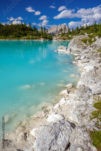 Amazing view of Sorapis lake with unusual color of water. Lake located in Dolomite Alps, Italy