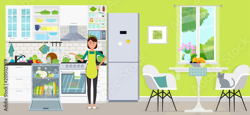 Fototapeta Naklejka Na Ścianę i Meble -  A woman in the kitchen with a dishwasher and without. Vector flat illustration.