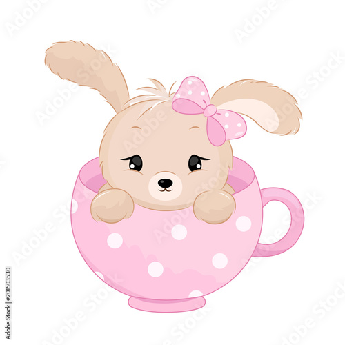 Cute baby girl rabbit inside the cup. Pastel colors vector illustration.