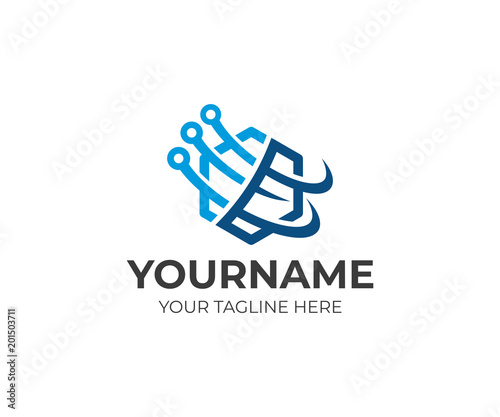 Technology hexagon and tech hexahedron geometric, logo template. Hexagonal shape, mobile technologies development, engineering, vector. Hexagon honeycomb and circuits electronics grid, communications