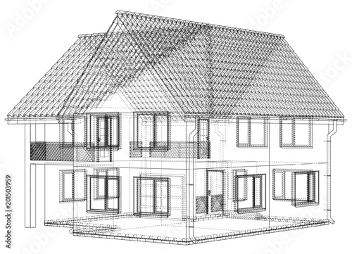 Wireframe blueprint drawing of 3D house - Vector illustration.