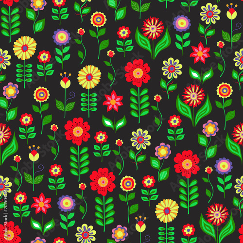 Hand drawn flower pattern, doodle style imitation. Decorative beautiful floral texture with flowers and leaves on black background