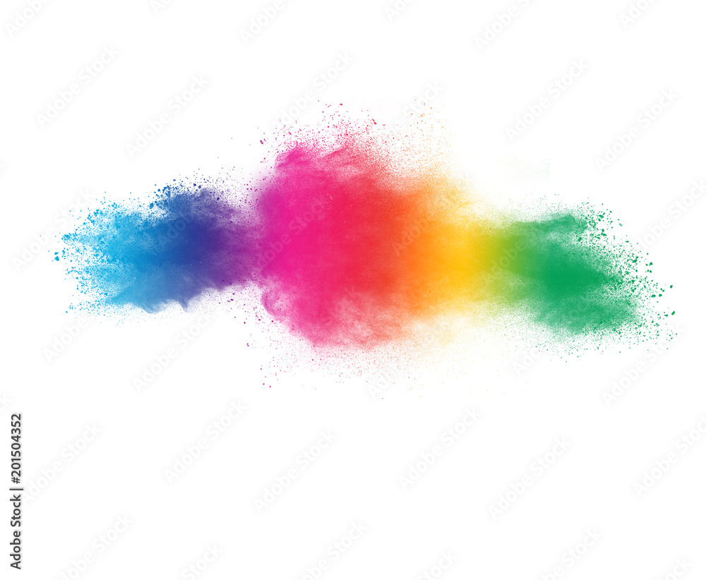 Freeze motion of colored powder explosions isolated on white background