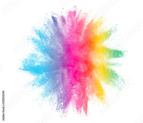 Freeze motion of colored powder explosions isolated on white background