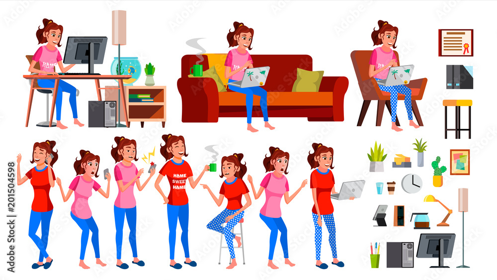 Freelancer Worker Vector. Woman. Happy Clerk, Servant, Employee. Business Woman Person. Working At Home. Lady Face Emotions, Various Gestures. Flat Character Illustration Freelancer Worker Vector. Woman. Happy Clerk, Servant, Employee. Business Woman Person. Working At Home. Lady Face Emotions, Various Gestures. Flat Character Illustration