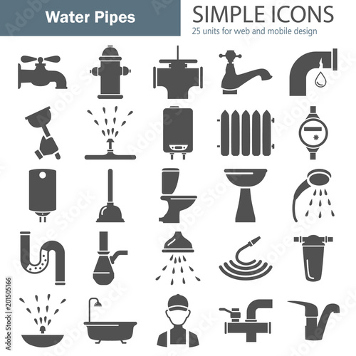 Water pipes simple icons set for web and mobile design