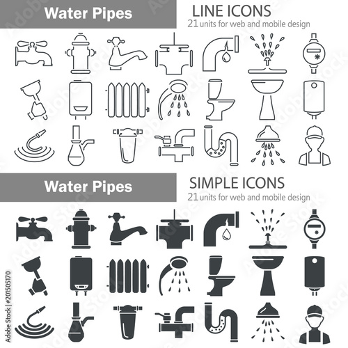 Water pipes line and simple icons set for web and mobile design