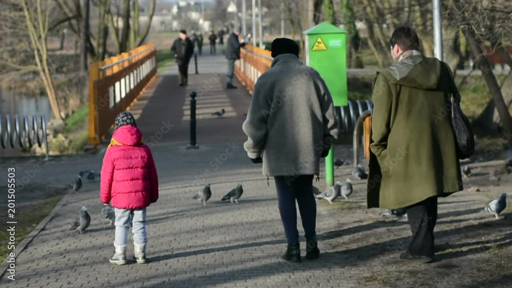 Two women and a child walking in the park with pigeons suddenly flying away Two women and a child walking in the park with pigeons suddenly flying away