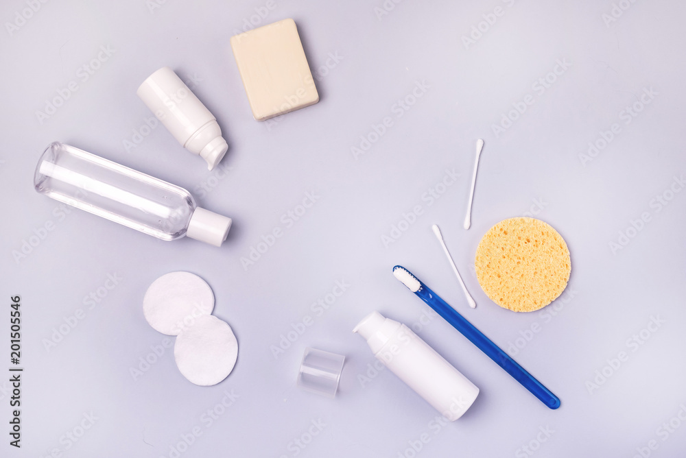 Morning Clean Concept Oral Cavity Teeth Toothbrush Cream Cotton Buds Cotton Sponge Top View Flat Lay Blue Background Morning Clean Concept Oral Cavity Teeth Toothbrush Cream Cotton Buds Cotton Sponge Top View Flat Lay Blue Background
