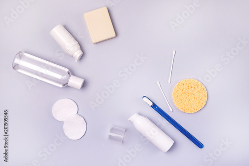 Morning Clean Concept Oral Cavity Teeth Toothbrush Cream Cotton Buds Cotton Sponge Top View Flat Lay Blue Background