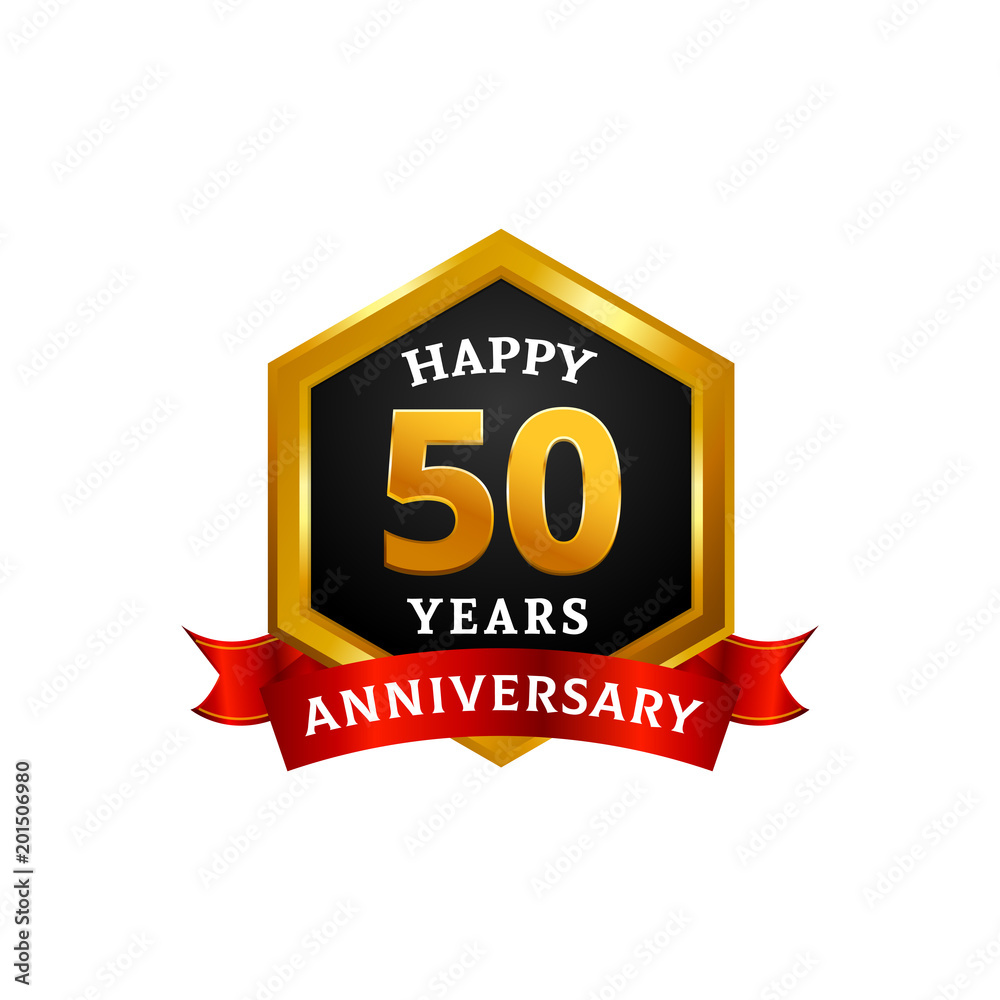 Happy 50 years golden anniversary logo celebration with diamond frame and ribbon. Happy 50 years golden anniversary logo celebration with diamond frame and ribbon.