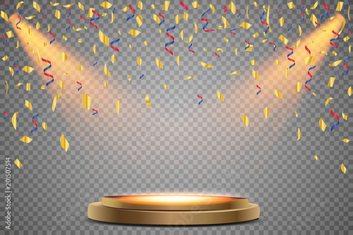 Stand of the podium with lighting, Scene from the award ceremony on a transparent background, with falling confetti. Vector illustration. photo