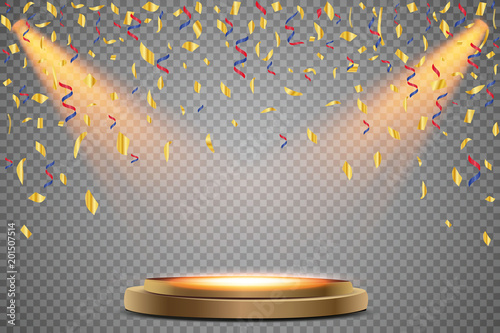 Stand of the podium with lighting, Scene from the award ceremony on a transparent background, with falling confetti. Vector illustration.
