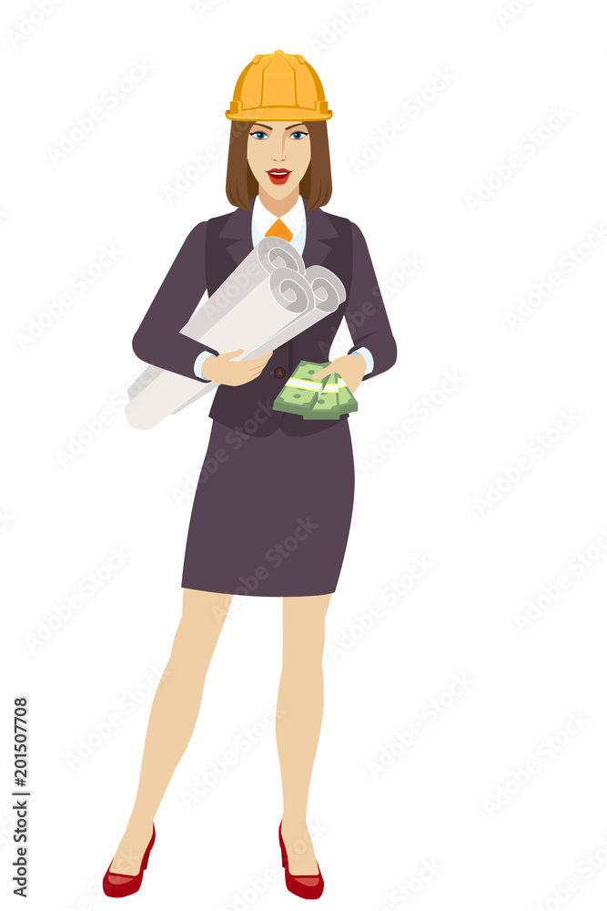 Businesswoman in construction helmet with cash money holding the project plans Businesswoman in construction helmet with cash money holding the project plans