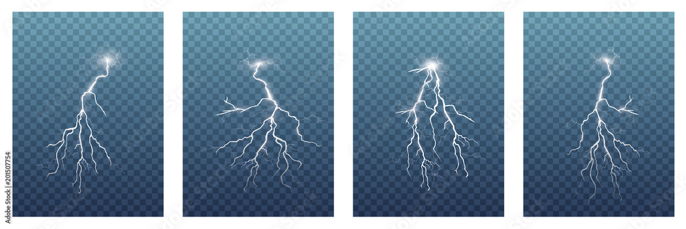 A large set of lightning. Thunderstorm and lightning. Magic and bright light effects.