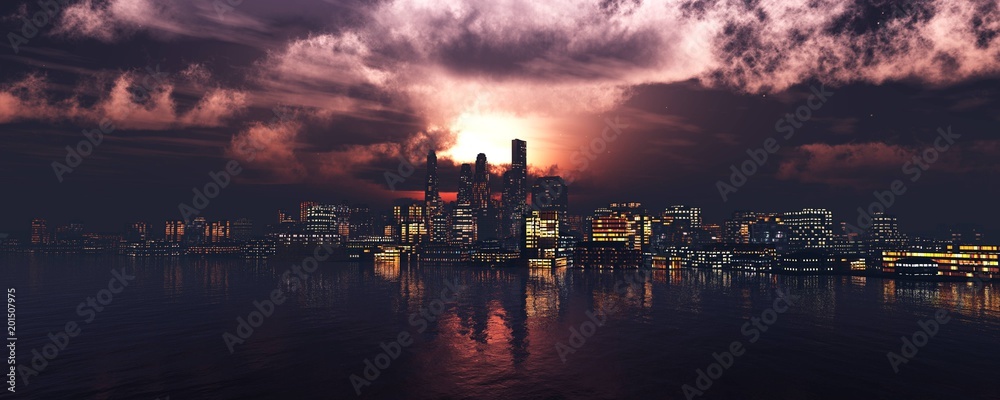 night city, a panorama of a modern night city above the water against a background of thunderclouds and sunset,
3D rendering
