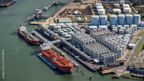 Aerial oil tankers storage silo tanks terminal.