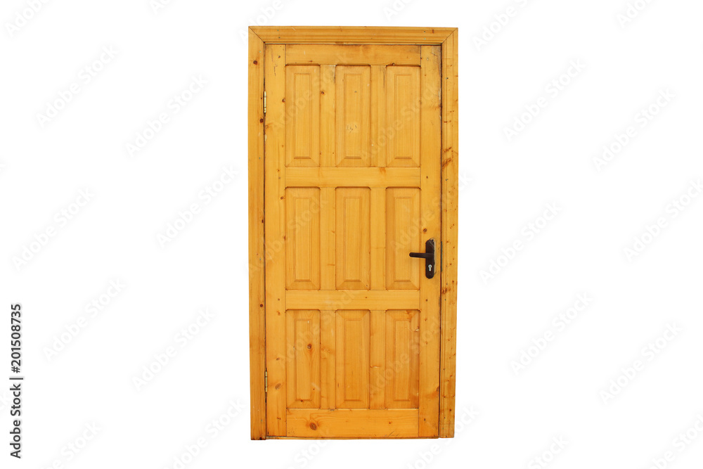 Wooden lacquered door with a box. Close-up. Isolated on white background. Wooden lacquered door with a box. Close-up. Isolated on white background.