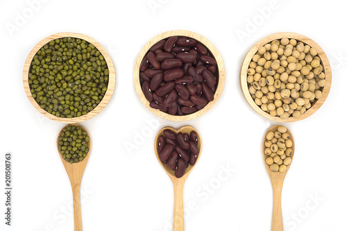 many mix seed green, red and soy bean, egg with wooden blow and spoon, Healthy and nutrition, high protein, food concept style