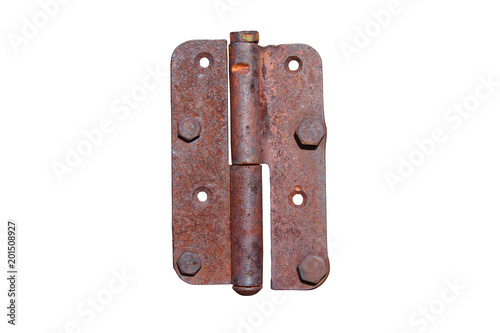 Old rusty metal door hinge. Close-up. Isolated on white background.