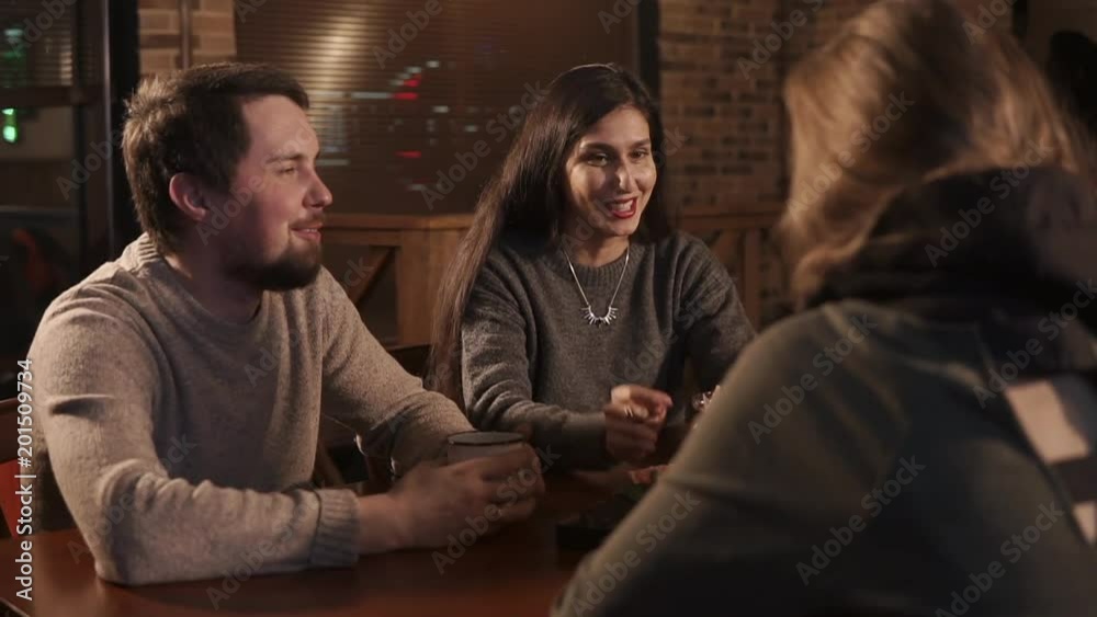 Cheerful girl is talking with her friends in a pub. Group of young people are having fun and resting in weekends and drinking Cheerful girl is talking with her friends in a pub. Group of young people are having fun and resting in weekends and drinking