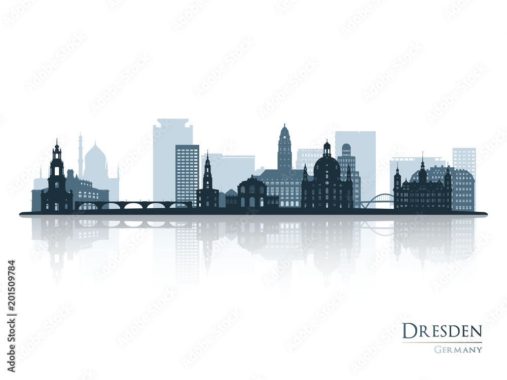 Naklejka premium Dresden skyline silhouette with reflection. Vector illustration.
