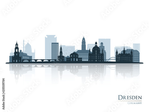 Dresden skyline silhouette with reflection. Vector illustration.