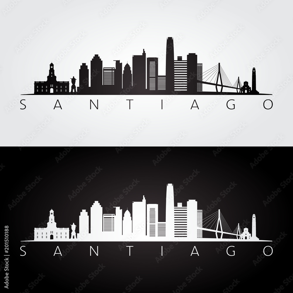 Santiago skyline and landmarks silhouette, black and white design, vector illustration.