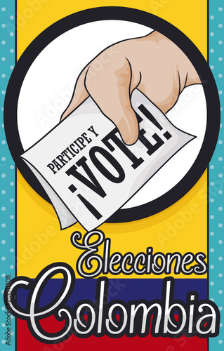 Voter Hand with Tricolor Flag Promoting Colombian Elections Event, Vector Illustration