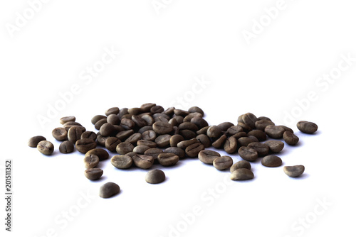 Close up raw coffee beans on a white background.