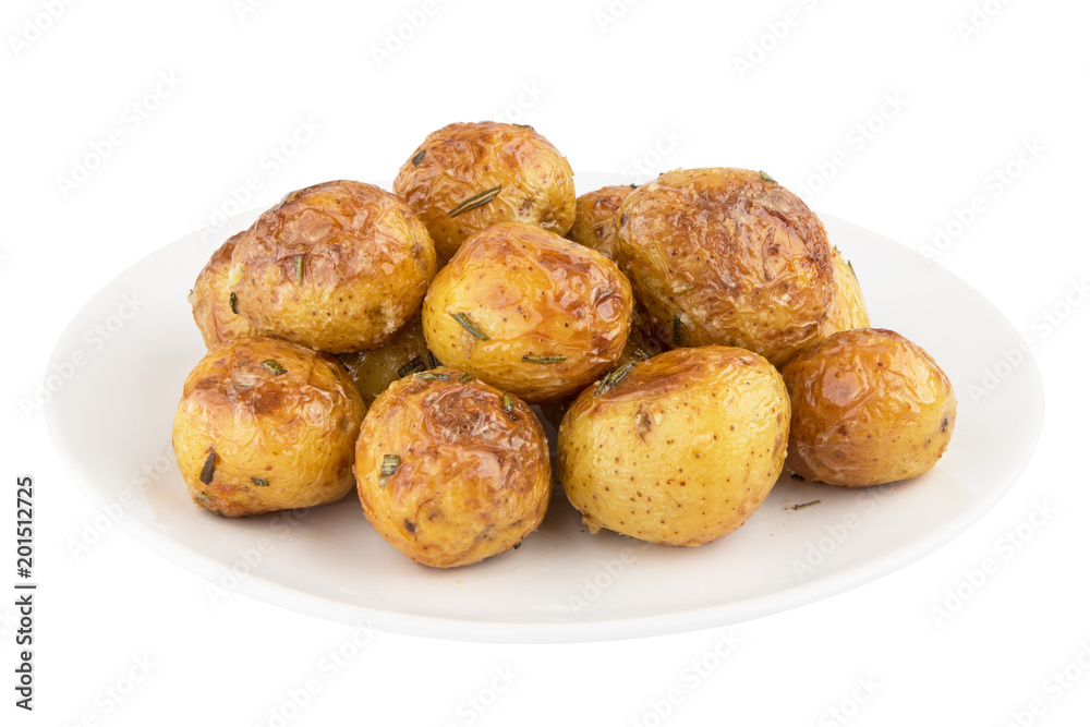 Roast potatoes seasoned with salt and provance herbs on white plate, isolated on white background Roast potatoes seasoned with salt and provance herbs on white plate, isolated on white background