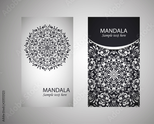 flyer, flyer, cover, pattern mandala. Oriental motif. Hand painted texture background. Set wedding invitations, postcards and business card templates. Decorative card design printing. Vector. EPS 10