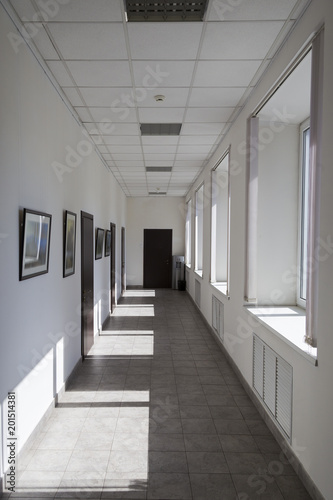 Sunlit office corridor or hall with doors and pictures on the wall