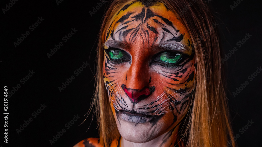 Girl with a painted face of a tiger on a dark background Girl with a painted face of a tiger on a dark background