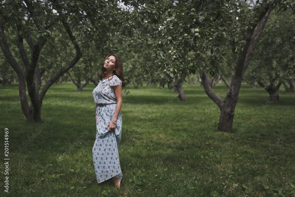 Beautiful smiling young brunette woman in a green summer garden amid the Apple trees with green fruit. Beautiful smiling young brunette woman in a green summer garden amid the Apple trees with green fruit.