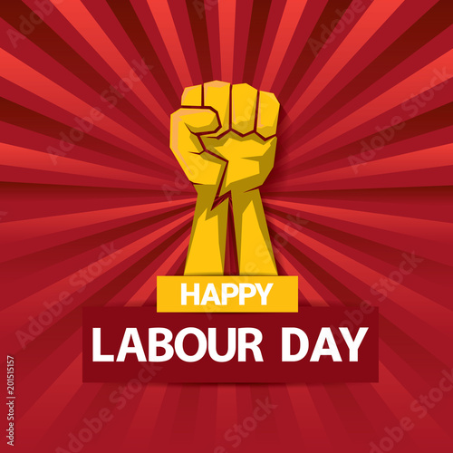 Happy labour day vector label with strong orange fist on red background with rays. labor day background or banner with man hand. workers may day poster