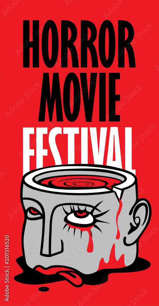 Naklejka premium Vector banner for festival horror movie. Severed human head with blood tears in a puddle of blood. Scary movie promotional print. Can be used for advertising, banner, flyer, web design
