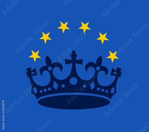 European union as monarchy and institutuion of absolutism. EU is lead and ruled by absolutist and sovereign power and force. Vector illustration of crown and yellow stars.