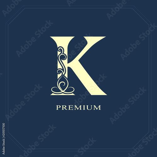 Capital letter K. Calligraphic beautiful logo with tape for labels. Graceful style. Vintage drawn emblem for book design, brand name, business card, Restaurant, Boutique, Hotel. Vector illustration