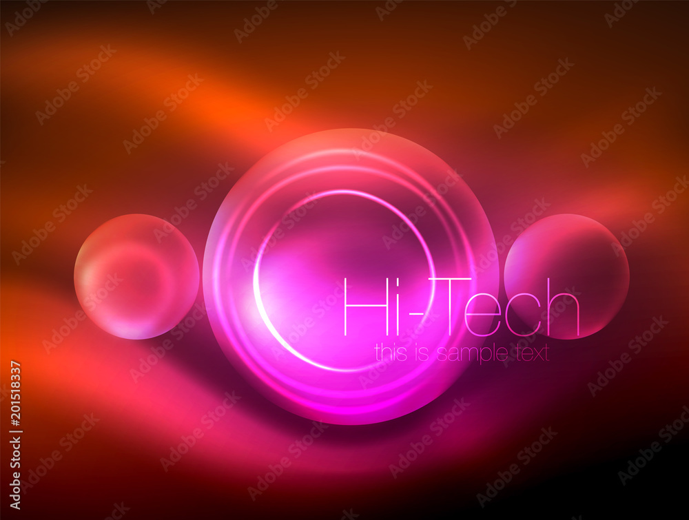 Blurred neon glowing circle, hi-tech modern bubble template, techno glowing glass round shapes or spheres. Geometric abstract background