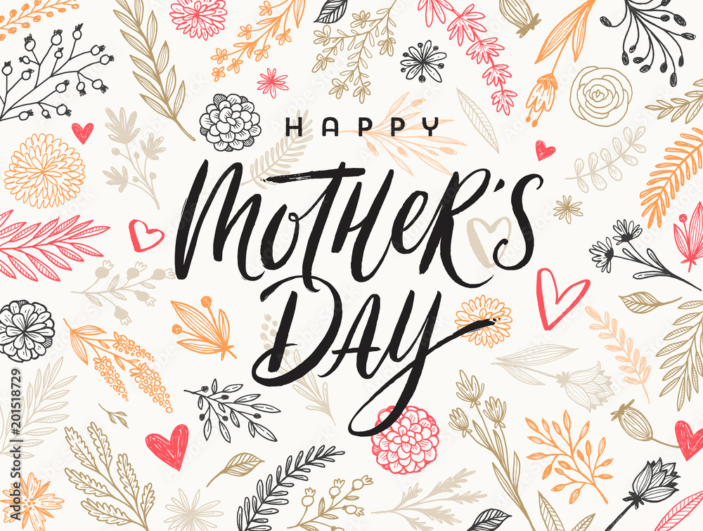 Happy mother's day - Greeting card. Brush calligraphy on floral hand drawn pattern background. Vector illustration. Happy mother's day - Greeting card. Brush calligraphy on floral hand drawn pattern background. Vector illustration.