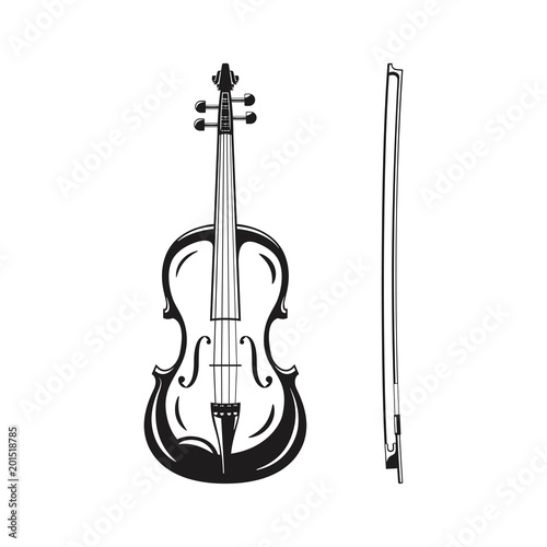 Outline monochrome silhouette of icon violin with bow, classical musical instrument, vector illustration
