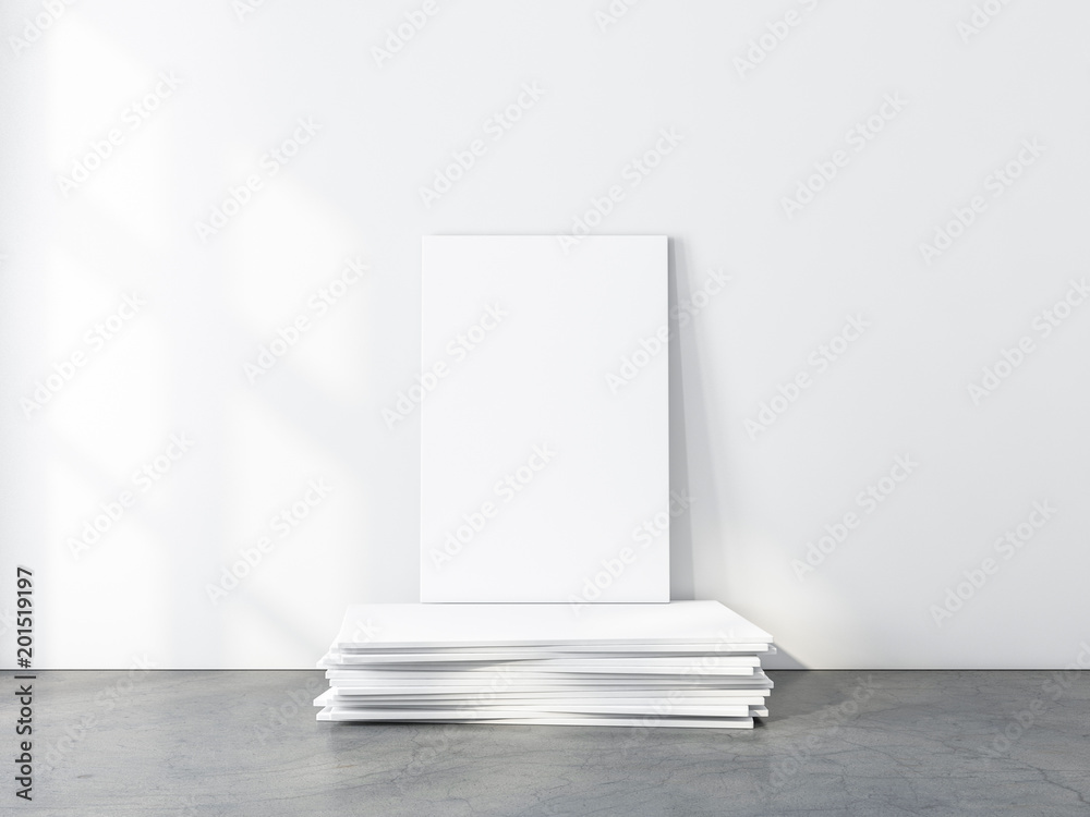 White Canvas Mockup standing on pack of frames in empty room. 3d rendering