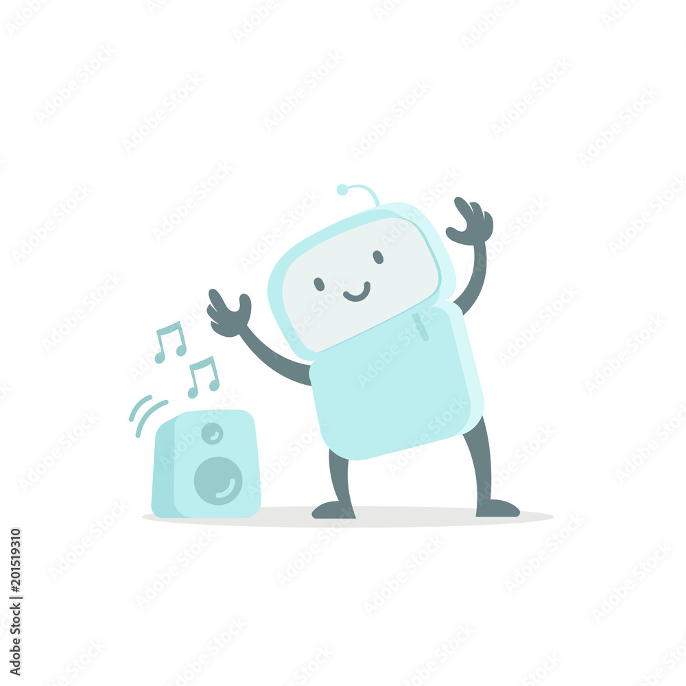 Robot toy listens to music and dances. Cute small new emoji sticker Icon.  Very cute for child kid audio. You are beautiful. Flat color vector  illustration vector de Stock | Adobe Stock