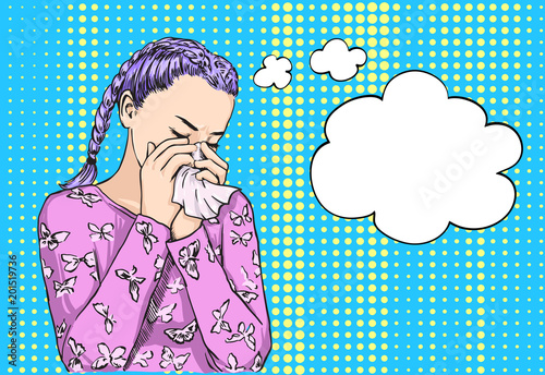 Beautiful blond bunches haired girl sneezing blowing nose on tissue because of spring allergy or crying. Vector sketch illustration