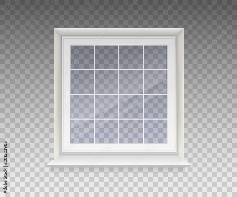 Closed window with transparent glass in a white frame. Isolated on a transparent background. Vector