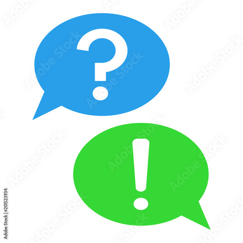 Answer and question buttons. Question mark and exclamation point in speech bubble. Vector icon.