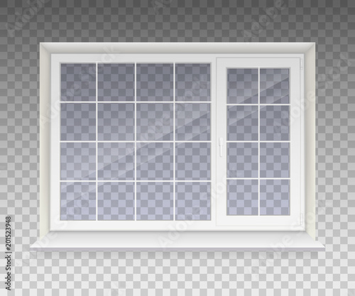 Closed window with transparent glass in a white frame. Isolated on a transparent background. Vector